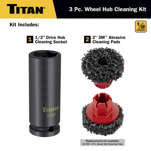 Pro Grade Wheel Hub Cleaning Kit with half inch drive impact socket and 2 inch abrasive pads for brake hubs and studs cleaning