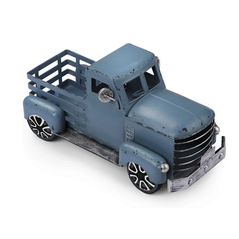 Rustic blue metal pickup truck decor for farmhouse tables, vintage small car ornament with flowers and tree, handcrafted rustic gift box style.