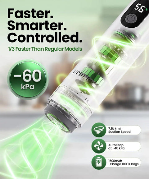 Compact Food Vacuum Sealer With LED Display And Liquid Drainage Tube showing suction power and -60kPa seal efficiency.