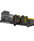 Heavy Duty Garage Wall Shelves 33 Inch By 24 Inch Black Wall Mounted Storage Shelves Kit Sturdy Steel Racks That Hold Up To 350 Pounds 2 Pack Rust Resistant Easy Assembly with storage boxes. Front view.