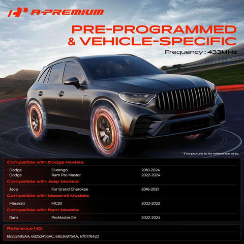 Tough As Nails 433MHz Preprogrammed Tpms Sensor For Tire Pressure Monitoring On Dodge Durango Jeep Grand Cherokee Ram Promaster And Maserati Mc20 shown on vehicle.