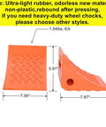 Side and front view of orange ultra-light rubber wheel chocks for trailers, non-slip design, 7.09x5.91x7.87 inches each