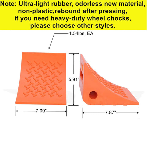Side and front view of orange ultra-light rubber wheel chocks for trailers, non-slip design, 7.09x5.91x7.87 inches each
