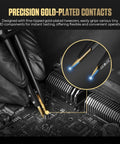 Close-up of Pro Grade Auto Component Recognizing LCR Tweezers Meter with gold-plated tips testing electronic components on PCB.