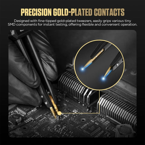 Close-up of Pro Grade Auto Component Recognizing LCR Tweezers Meter with gold-plated tips testing electronic components on PCB.