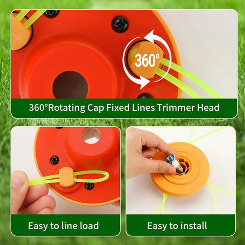 Universal Weed Eater Head With 12pc 11in.095 Triangle Trimmer Line Easy Install fits most gas trimmers, shown with 360° rotating cap