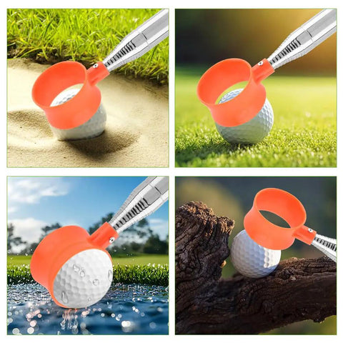 12ft Telescopic Golf Ball Retriever with Grabber close-up, stainless steel build, picking golf balls from sand, grass, water, and wood.