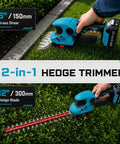 Cordless 20V Hedge Trimmer And Grass Shears Two In One With 12 Inch And 6 Inch Dual Action SK5 Blades shown in use