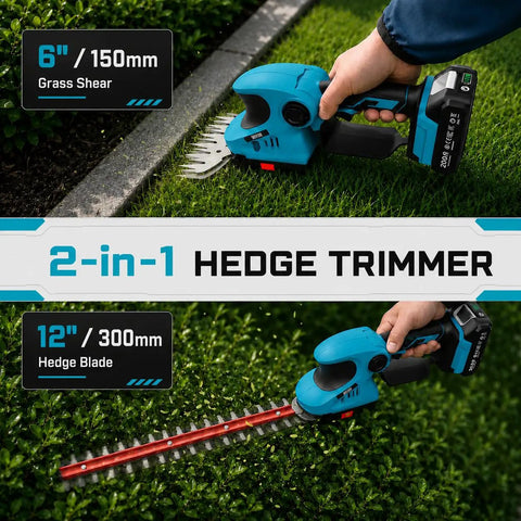 Cordless 20V Hedge Trimmer And Grass Shears Two In One With 12 Inch And 6 Inch Dual Action SK5 Blades shown in use