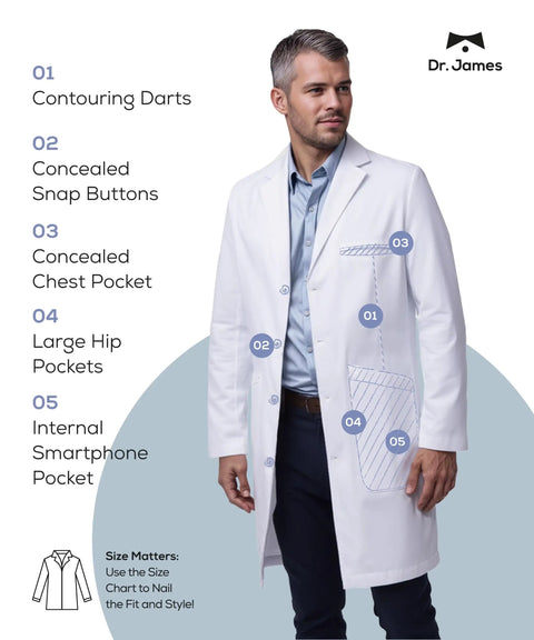 Premium Unisex Lab Coat With Multiple Pockets, Tailored Fit, Button Closure, 39 Inch Length, Size Medium, Detailed Features Displayed
