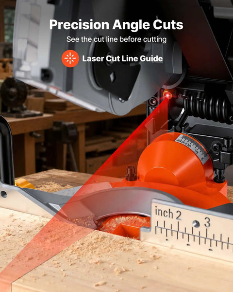 Two-In-One Miter And Table Saw With 8-1/4 Inch Blade, Precision Laser Alignment highlighting laser cut line guide
