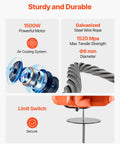 3 In 1 Electric Hoist Winch 1100 Lb Capacity 1500W showing motor, galvanized steel wire rope, and limit switch details.