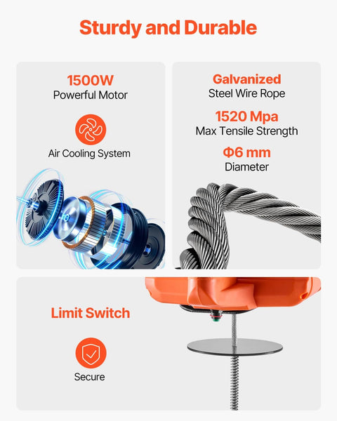 3 In 1 Electric Hoist Winch 1100 Lb Capacity 1500W showing motor, galvanized steel wire rope, and limit switch details.