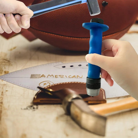 Using 14 Piece Hole Punch Set With Hollow Punch Kit on leather for precise holes, featuring blue punch shaft and tools