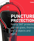 Cross-section view of a puncture proof bike tire insert for fat tires and e-bike rides, 15mm foam liner, text overlay about protection.