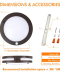 Indoor Outdoor 10 Inch LED Flush Mount Ceiling Light With 5 Color Temperature 2700K To 5000K, Motion Sensor Activated At Night, Wet Location, 20W, CRI 90, Oil Rubbed Bronze, Dustproof Design with installation accessories and dimensions.