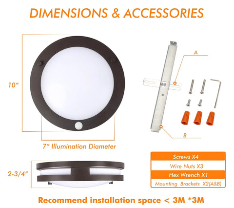 Indoor Outdoor 10 Inch LED Flush Mount Ceiling Light With 5 Color Temperature 2700K To 5000K, Motion Sensor Activated At Night, Wet Location, 20W, CRI 90, Oil Rubbed Bronze, Dustproof Design with installation accessories and dimensions.