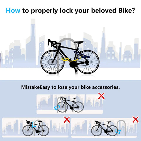 Diagram showing Heavy Duty Bike U Lock With 5 Foot Security Cable And 17mm Shackle on bike in cityscape.