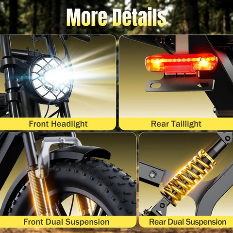 Electric Fat Tire Bike For Adults With 1500W Peak Motor Off Road Ebike 48V 15Ah Removable Battery 20x4.0 Fat Tires Dual Suspension