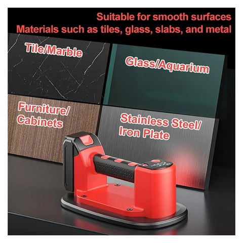 Heavy Duty Electric Vacuum Suction Cup Lifter For Granite Tile And Glass With Beefy Copper Motor Delivering Killer Lockdown Grip and Lightning Fast Pump Tech On Any Job Site next to various smooth surface materials for lifting.