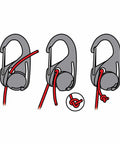 Illustration of CamJam Cord Tightener 4 Pack Easy Knot Free Rope Tensioner showing the cam locking mechanism in use.