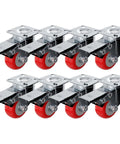 Front view: 8-pack swivel plate casters with brakes, red polyurethane wheels