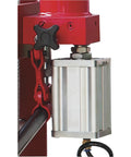 Close-up of 40-Ton Pneumatic Shop Press With Gauge And Winch Heavy-Duty H-Frame Steel Construction, metal cylinder detail.