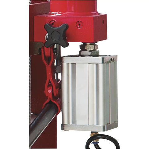 Close-up of 40-Ton Pneumatic Shop Press With Gauge And Winch Heavy-Duty H-Frame Steel Construction, metal cylinder detail.