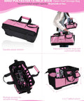 Pink tool bag with shoulder strap, pink and black design. Features pockets and handles for Pink 267 Piece Tool Kit Set With 21V Cordless Drill Driver For Women.