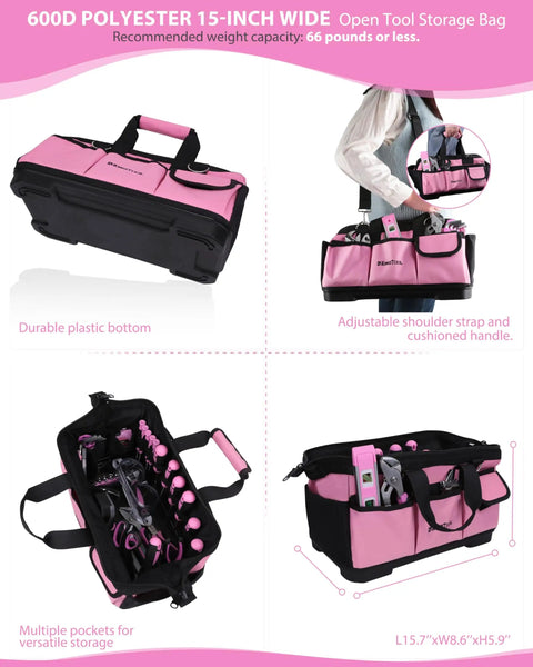 Pink tool bag with shoulder strap, pink and black design. Features pockets and handles for Pink 267 Piece Tool Kit Set With 21V Cordless Drill Driver For Women.
