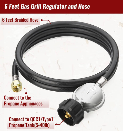 Six Foot Propane Hose With Regulator For Grills And Fire Pits, Go-To Three Eighths Inch Female Flare, Five Sixteenths Inch Diameter Hose, Universal LP Regulator And Hose For Weber Char-Broil Nexgrill Blackstone And More