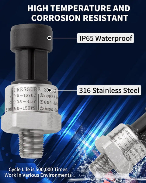 0 To 150 Psi Fuel Oil Pressure Transducer Sensor With One Eighth Inch NPT Thread And Harness Kit, Stainless Steel Body
