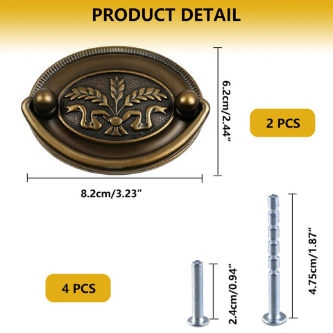 Vintage Oval Drop Swing Drawer Pulls in Antique Brass, Zinc Alloy Hardware with included screws, product dimensions shown