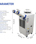 Heavy Duty Portable Air Conditioner With 18,700 Btu Output And Smart Dual Hose Rig, showing dimensions and features for spot cooling.