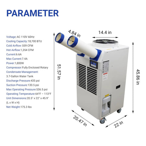 Heavy Duty Portable Air Conditioner With 18,700 Btu Output And Smart Dual Hose Rig, showing dimensions and features for spot cooling.