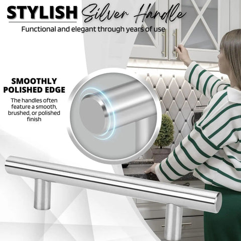 Prime 5 Pack Of Slick 6 Inch Brushed Nickel Cabinet Handles For Kitchen Drawers And Cupboards Stainless Steel Door Pulls With No Hassle close-up of polished edge and usage on cabinet.