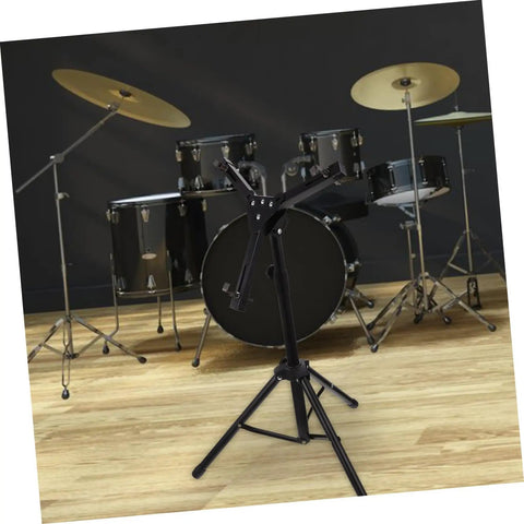 Heavy Duty Adjustable Height Tripod Snare Drum Rack Stand With Slick Black Alloy Finish For Rock Solid Practice And Tour Ready Drummer Gear Organization in a studio setting.
