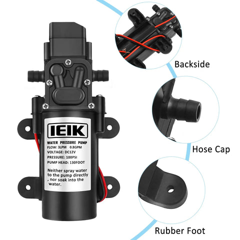 Diagram of Beefy 12V Diaphragm Water Pump For Sprayers And RVs Self Priming 116 PSI 5 LPM 1.35 GPM Flow with parts labeled.