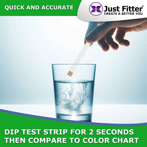 Testing glass of water with Alkaline Water pH Test Strips Kit for Home Use and Liquid Testing, hand holding strip.