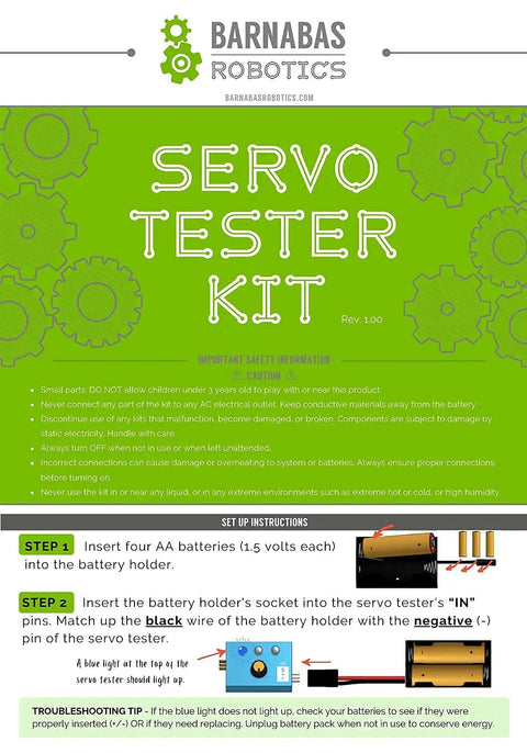 Instruction sheet for Servo Motor Tester Kit With 9G 180 Degree Servo RC Servo Tester Controller, featuring setup steps.