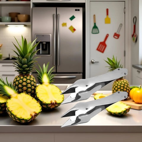 Stainless Steel Pineapple Eye Remover And Core Cutter With V Shaped Tip in kitchen with fresh pineapples, ideal for home cooks