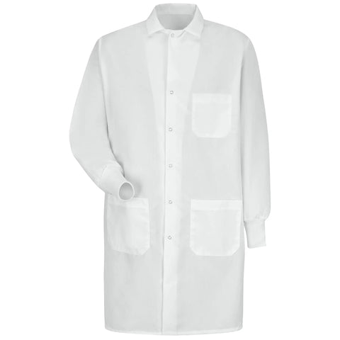 Clean Look Medical Lab Coat For The Daily Grind Lightweight Cotton Workwear With Elastic Cuffs And Six Piece Gripper Front Closure Unisex Adult White Clinic Apparel, front view with pockets.