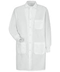 Clean Look Medical Lab Coat For The Daily Grind Lightweight Cotton Workwear With Elastic Cuffs And Six Piece Gripper Front Closure Unisex Adult White Clinic Apparel front view with pockets and button closure.