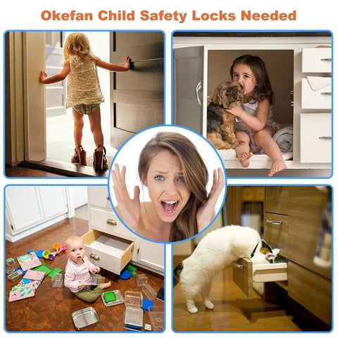 12 Pack Adhesive Baby Proof Cabinet Locks For Drawers Cabinets Dishwashers Fridges And Ovens No Drill Easy Install Kidproof Safety Straps White That Keep Curious Toddlers Safe And Cabinets Closed shown in use by children and pet.