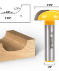 CNC Cabinet Door Raised Panel Router Bit 1-1/2 Inch Diameter, 1/2 Inch Shank, next to wood cutout demonstrating profile, 30 Degree Bevel