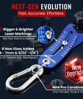 Gen2 Bolt Size Finder Tool Keychain Gauge for bolts and nuts heads with SAE and metric sizes, blue with carabiner.