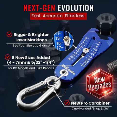 Gen2 Bolt Size Finder Tool Keychain Gauge for bolts and nuts heads with SAE and metric sizes, blue with carabiner.