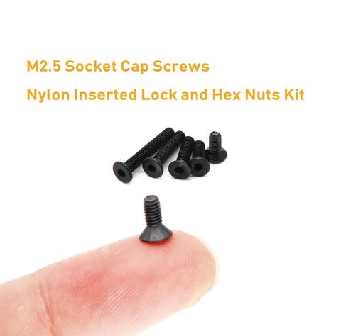 340 Piece M2.5 Black Countersunk Socket Cap Screws And Nylon Lock Nuts And Hex Nuts Kit displayed on fingertip