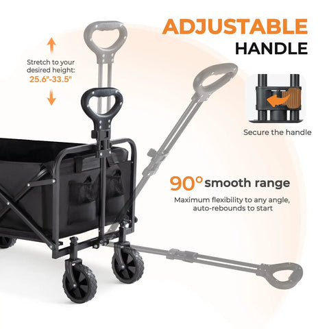 Heavy Duty Collapsible Wagon With All Terrain Wheels And Drink Holders 220 Lbs Capacity Foldable Utility Cart with adjustable handle
