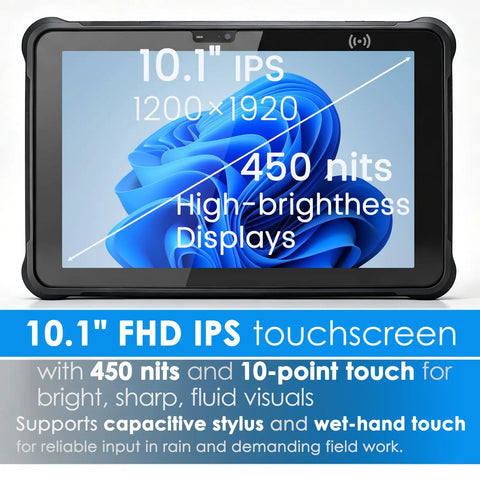 Built Different 10.1 Inch Rugged Tablet With High Speed Barcode Scanner Windows 11 Pro Intel Core I5 8GB RAM 256GB ROM showing high-brightness display.